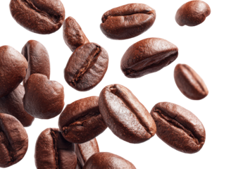 Roasted coffee beans in mid-air, showcasing rich brown tones and textures