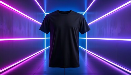 Black T-Shirt on Neon Background.