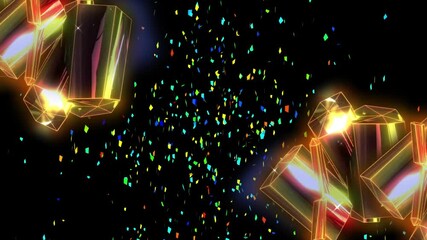 Animation of neon diamonds and confetti over black background - Powered by Adobe