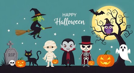 A festive halloween scene with cartoon characters including a mummy, vampire, skeleton, witch, and ghost, plus pumpkins and a graveyard