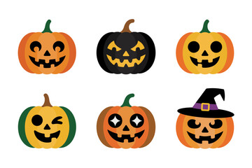 Cute pumpkin emoticon icons, happy jack faces, surprised scared grins, seasonal spooky expressions, halloween decoration elements, autumn party graphics