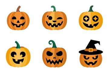 Retro halloween jack o lantern collection, expressive carved pumpkins, hats, spooky grins, seasonal autumn festival decor, trick or treat imagery