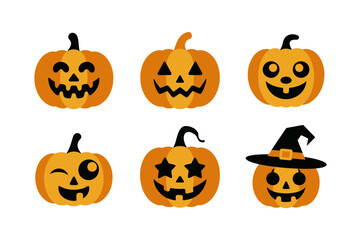 Charming Halloween pumpkin icons, variety of carved mouths eyes hats, spooky smiling designs, trick treat party decorations, autumn seasonal graphics