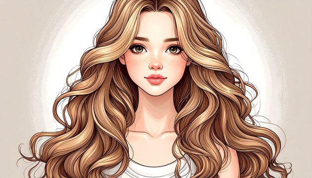 A captivating illustration showcases a young woman with voluminous, wavy blonde hair, detailed facial features, and soft, natural light. - Powered by Adobe