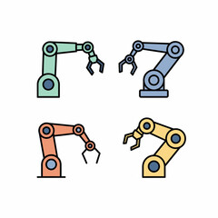 Set of Four Colorful Robotic Arms with Claws for Industrial Automation and Manufacturing Concepts