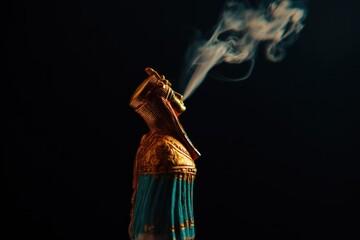 Gilded figurine exhaling ethereal smoke against a stark black backdrop