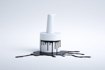 White cylindrical container with a dark liquid dripping