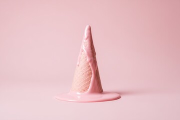 Melted pink ice cream cone on pink background (2)