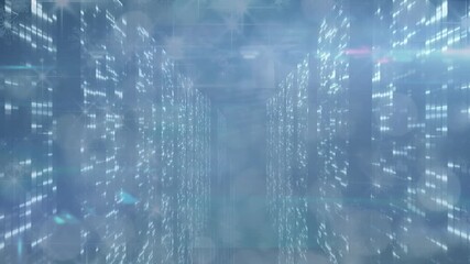 Animation of lights over data processing on blue digital space - Powered by Adobe
