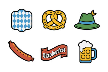Oktoberfest themed vector pack, beer mug pretzel sausage hat illustrations, german cultural celebration symbols, festive seasonal clipart decoration set