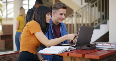 Studying, friends and students with laptop on campus for learning, education or exam prep. School, university and woman with man on computer with textbooks for assignment, college course or knowledge