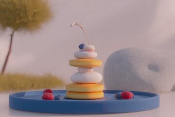 Three pancakes stacked with whipped cream and berries on a blue plate