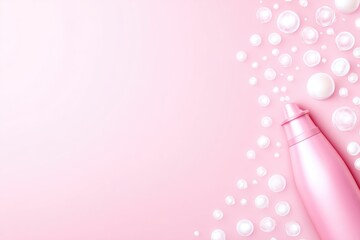 Pink bottle among scattered pearls on pink background