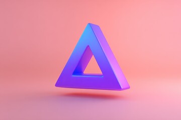 A vibrant, iridescent purple triangle floats against a soft pink background