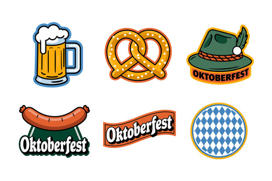 Oktoberfest festival icon stickers, beer stein pretzel sausage alpine hat badge, bavarian lozenge emblem, festive party labels traditional celebration vector set