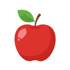 Simple red apple illustration with a green leaf and brown stem on a white background.
