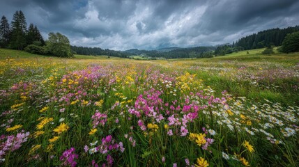 Fototapeta premium The blooming flowers in the colorful field concept. A vibrant field dotted with colorful wildflowers under a stormy sky.