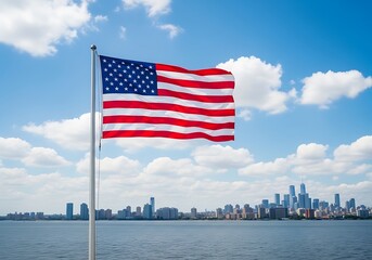 American Flag Flying Over New York City Skyline