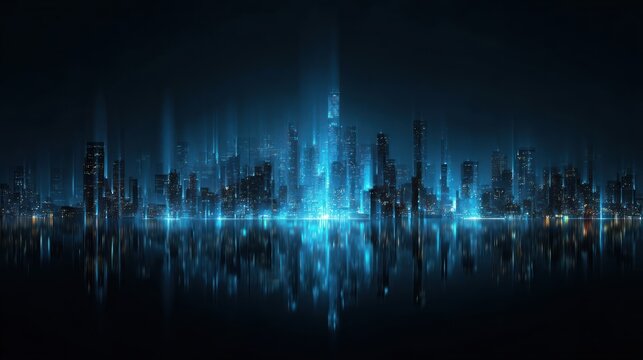An abstract blue sound wave illustration with a cityscape skyline silhouette