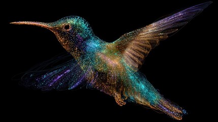 A ruby-throated hummingbird in flight, its iridescent wings a blur of motion as it hovers near a bright red flower to sip nectar