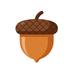 Acorn Flat Design Vector Icon with Brown Cap and Stem on White Background