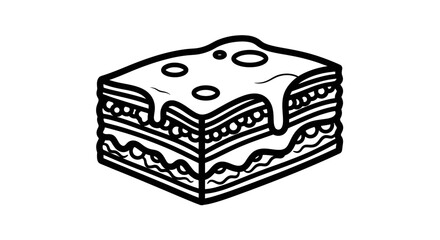 Detailed monochrome line drawing of a delicious slice of lasagna with oozing cheese