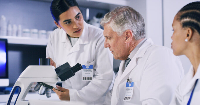 Team, microscope and test with people in lab for mentorship, research or sample analysis. Dna profiling, medical study and case training with doctors in clinic for discovery and collaboration