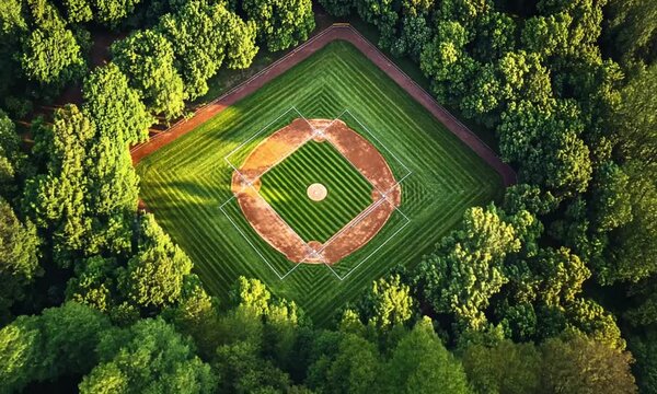 Aerial View of Baseball Diamond Surrounded by Lush Green Trees