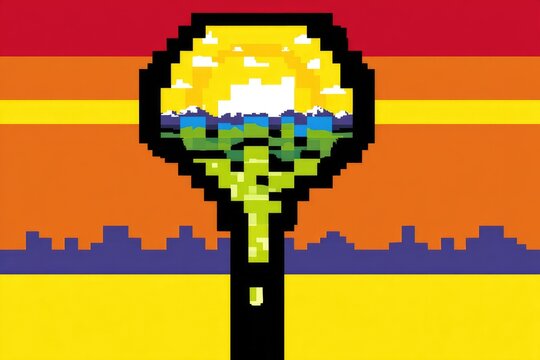 Pixel art depicting a sunset over a landscape, contained within a teardrop shape above a city skyline