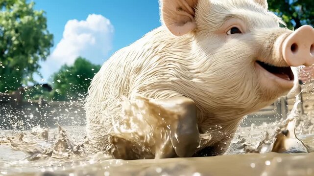 Playful piglet mud splash farm and barnyard livestock joyful summer countryside scene with wet piglet dashing through muddy puddle, bright sky