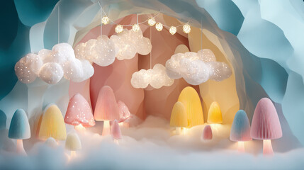 Fantasy dreamscape baby room with magical mushroom lights and floating clouds creating a whimsical world of comfort and imagination for newborns