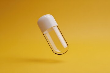 Transparent capsule levitates against a yellow backdrop