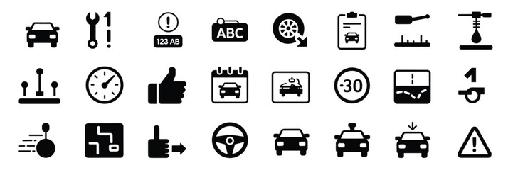 Automotive Icon Set – Black Line Icons for Driving, Vehicle Maintenance, and Road Safety