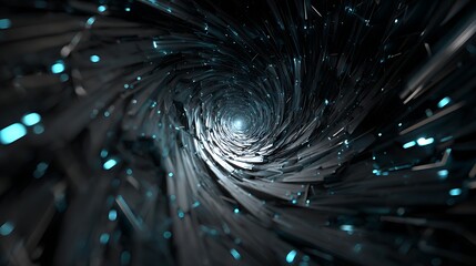 A captivating abstract tunnel spiraling into the darkness, illuminated by ethereal light, creating a mesmerizing vortex of depth and illusion in a futuristic space