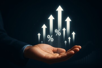 A businessman's hand presents a holographic chart with glowing arrows and percentage signs, symbolizing financial growth, business success, increased profit and investment returns