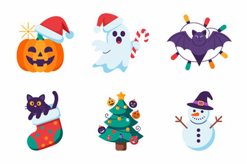 Halloween Christmas crossover icons, pumpkin ghost bat cat snowman tree, festive seasonal illustration pack with spooky and holiday celebration elements