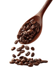 Obraz premium Roasted coffee beans spill from a wooden spoon