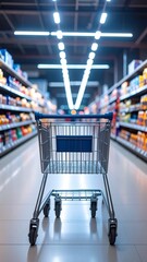 Empty shopping cart in supermarket aisle (2)
