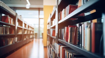 Shelves of books in a library or bookstore on a bright sunny day. Rows of various folios, printed publications.