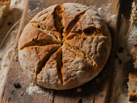 Authentic Panis Quadratus, the iconic ancient Roman bread of Pompeii, rustic round loaf with wedge cuts
