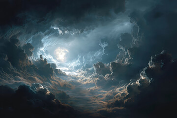 Moonlight night sky with dramatic clouds and glowing full moon creating mysterious and enchanting atmosphere in dark sky