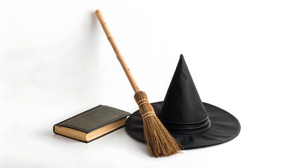 Enchanting still life featuring a classic black witch's hat, a vintage spellbook, and a rustic broomstick, symbolizing magic, mystery, and Halloween folklore