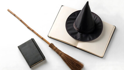 Inspire your next magical tale with this enchanting arrangement of a classic witch's hat, a traditional broom, and spellbinding books, inviting imagination and fantasy © AI   NEX GEN