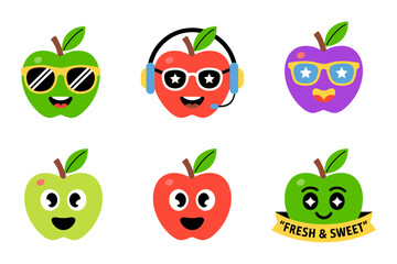 Apple character vector pack, smiling apple faces with sunglasses and headphones, green red fruit mascots, fresh food branding icons set