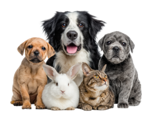 Cute pets group dogs cat rabbit and guinea pig together isolated on transparent background