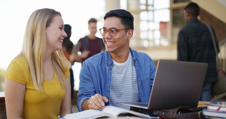 Students, happy and learning with laptop on campus for exam study, test preparation or books. Education tutor, people and tech at university for coursework help, essay guidance and academic feedback