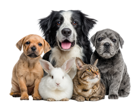 Cute pets group dogs cat rabbit and guinea pig together isolated on transparent background