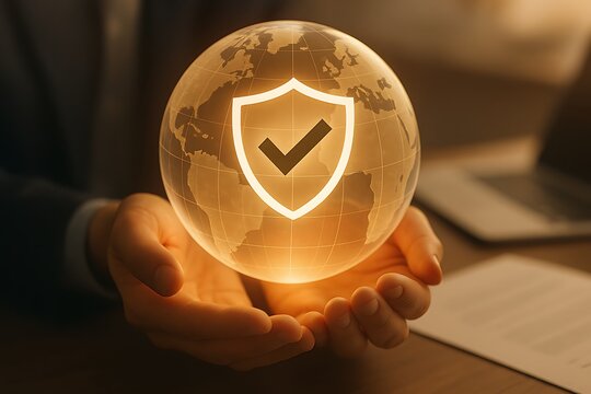 A businessman holds a glowing digital globe with a shield icon, illustrating concepts of cybersecurity, data protection, online privacy, global network safety, and insurance - Powered by Adobe