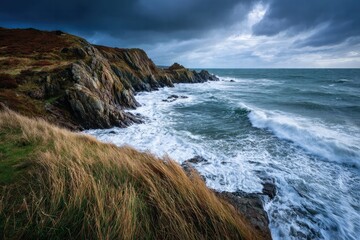 Stormy Coastal Landscape with Rugged Cliffs and Turbulent Sea