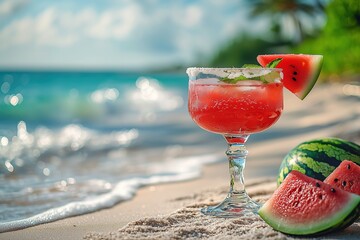 Obraz premium Tropical Beach Cocktail: Watermelon Margarita with Blue Ocean Waves, Summer Drink with Watermelon Slice
